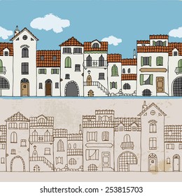 Seamless border of mediterranean houses. Hand drawn doodle sketch. Vector illustration. View of old mediterranean town. Italy, Montenegro, Croatia.  svg