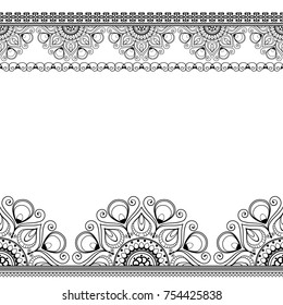 Seamless border mehndi with flowers for tattoo or card in Indian style on white background. Vector illustration isolated