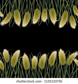 Seamless border with miscanthus in watercolour style. Repeat wallpaper on black background for textile prints or template for greeting, birthday cards, invites, covers and posters with text place.