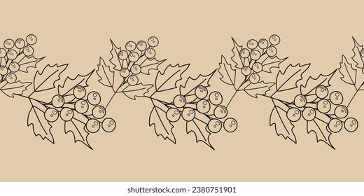 Seamless border of mistletoe branch with berries on a light brown background. Black outline vector illustration for kraft paper packaging, print.