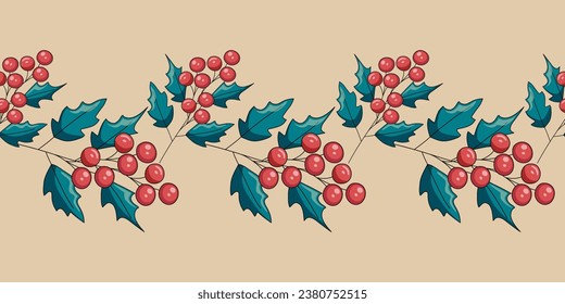 Borde transparente de la rama de la mistletona con bayas rojas sobre un fondo marrón claro. Ilustración vectorial de color para el embalaje de papel kraft, impresión.