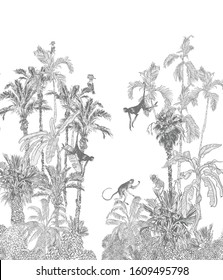 Seamless Border Monkeys Animals Jumping in Palm Trees Jungle Forest, Wildlife in Exotic Plants, Fine Line Lithography Graphic, Panoramic View High End