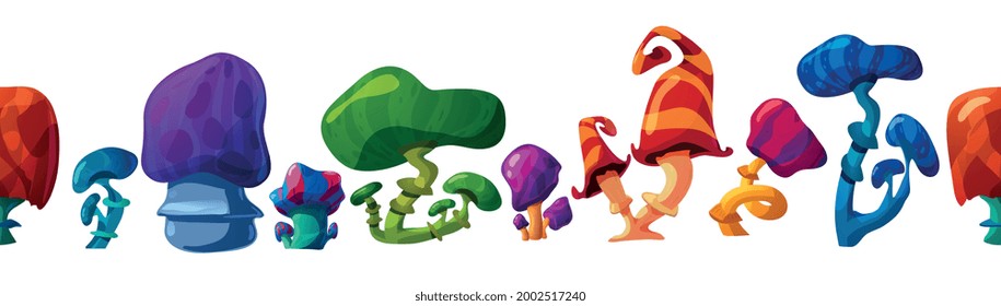 Seamless border with multicolored fantasy magic mushrooms. Glossy psychedelic toadstools growing in mystery fairy or alien forest. Flat cartoon vector isolated illustration.