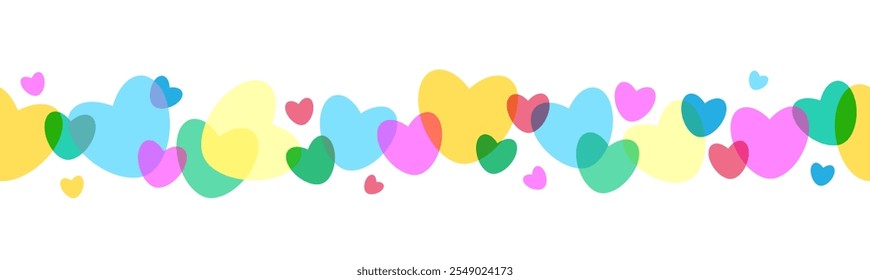 Borda sem emenda de corações multicoloridos com efeito sobreposto. Para cabeçalho, listas de correio, decorações, parabéns no Dia dos Namorados, casamento, cartão de amor. Banner horizontal e sem emenda, fundo