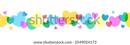 Seamless border of multicolored hearts with overlapping effect. For header, mail listings, decorations, congratulations on Valentine's Day, wedding, love card. Horizontal seamless banner, background