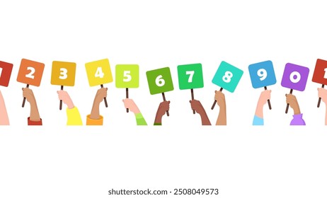 Seamless border of multi-colored number plates held by female hands of different skin colors