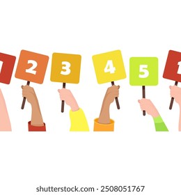 Seamless border of multi-colored signs with numbers 1-5, which are held by female hands of different skin colors