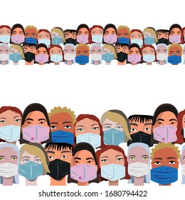 Seamless border with multinational crowd faces wearing protective mask. Latest trend news, fashion bloggers post. Flat cartoon illustration on white background. Vector illustration.
