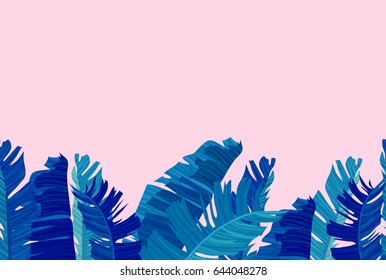 Nahtlose Grenze mit neonfarbenen tropischen, exotischen Palmenblättern auf abstraktem, rosa blauen Hintergrund. Stoffdruck, Verpackungspapierdruck. Vektorillustration-Illustration Stock-Vektorillustration.
