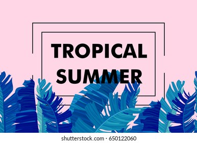 Seamless border with neon colored tropical exotic palm leaves on abstract pink blue style background and logo note tropical summer print. Vector illustration stock vector.