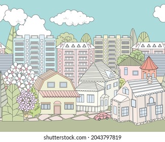 seamless border with nice town and blossom trees. cloud cityscape for your design