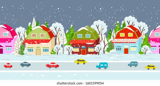 seamless border with night cute cityscape in winter and falling snow