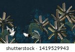 Seamless Border Night Dramatic Skyline with Jungle Palm Trees Tropical Plants Exotic Birds Cranes Dancing Couple Dark Background Hand Drawn Illustration Oriental Vintage Design