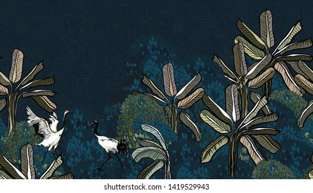 Seamless Border Night Dramatic Skyline with Jungle Palm Trees Tropical Plants Exotic Birds Cranes Dancing Couple Dark Background Hand Drawn Illustration Oriental Vintage Design