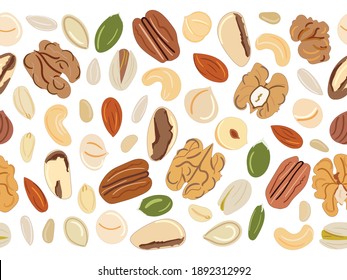 Seamless border of nuts and seeds. Kitchen, cooking print. Cashews, almonds, pistachios, walnuts, pumpkin, sunflower seeds. Organic food. Hand drawn cartoon vector illustration