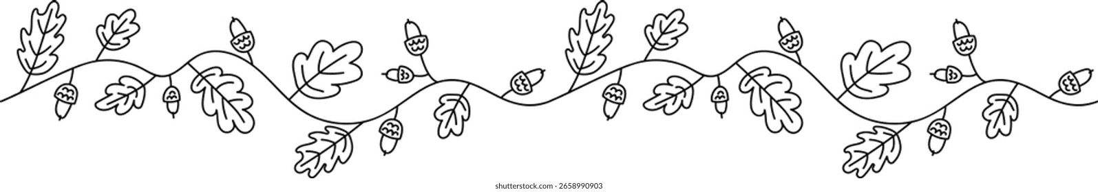 A seamless border of oak leaves and acorns in a hand-drawn style. Curved branches with detailed foliage create a natural pattern. Cartoon vector illustration.