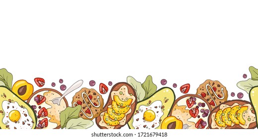 Seamless border with oatmeal porridge, avocado with egg, cookies, fruit sandwich. Hand drawn healthy breakfast illustration.
