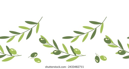 Seamless border with olive branches and green olives on a white background. Vector illustration for decoration, textile, poster.