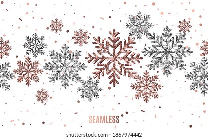 Seamless border on horizontal with rose gold and silver shimmer snowflakes on white background. Vector illustration. All isolated and layered