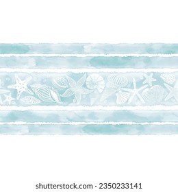 Seamless border on a marine theme. Vector illustration with seashells, starfish and blue watercolor stripes. Perfect for design templates, wallpaper, wrapping, fabric and textile.