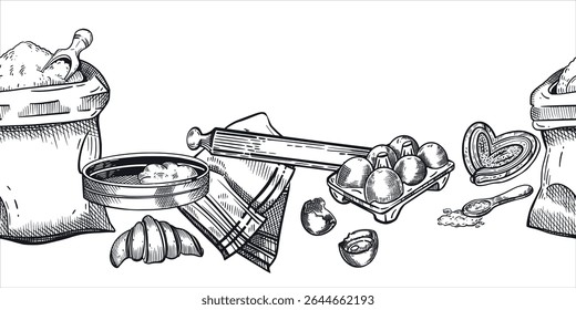 Seamless border on the theme of cooking. a bag of flour, a rolling pin, a sieve, chicken eggs, sweet buns, croissants. For the design of packaging, the interior of bakeries and confectioneries.