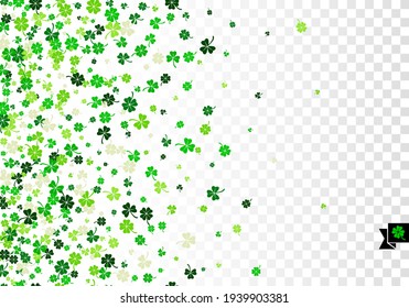 Nahtlose Grenze auf vertikaler Ebene mit verstreuten grünen Klee und Shamrock für Saint Patrick's Day Gruß einzeln auf weißem, transparentem Hintergrund. Vektorgrafik