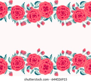 Seamless border in one stroke small rose flowers. Country style millefleurs. Floral garden background for textile, wallpaper, pattern fills, covers, surface, print, gift wrap, scrapbooking, decoupage