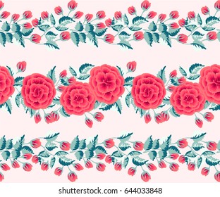 Seamless border in one stroke small rose flowers. Country style millefleurs. Floral garden background for textile, wallpaper, pattern fills, covers, surface, print, gift wrap, scrapbooking, decoupage