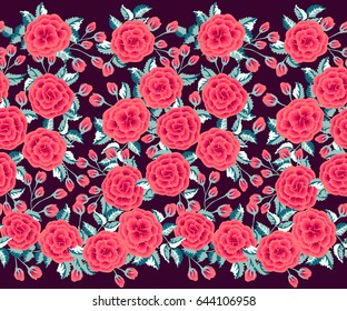 Seamless border in one stroke small rose flowers. Country style millefleurs. Floral garden background for textile, wallpaper, pattern fills, covers, surface, print, gift wrap, scrapbooking, decoupage