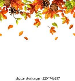 Seamless border with orange, brown, and green falling autumn leaves and pine cones. Vector leaf fall frame