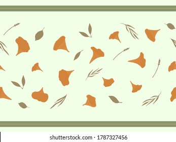 Seamless border with orange chanterelle mushrooms, leaves, branches and grass on a light blue background.