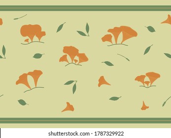 Seamless border with orange chanterelle mushrooms, leaves, branches, green grass on a beige background