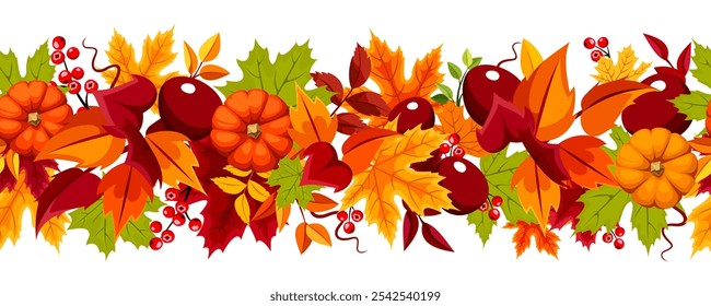 Seamless border with orange pumpkins, red, orange, and green autumn leaves, rowanberries, and chestnuts. Vector illustration. Hand-drawn illustration, not AI