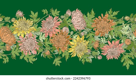 Borde transparente de crisantemos anaranjados, amarillos y rosas y hojas sobre un fondo verde oscuro. Ilustración vectorial dibujada a mano.