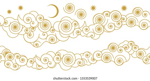 Seamless border with ornate clouds. Repeating patter with stylized Chinese art elements. Golden and white template for gift wrappings, cards, banners, posters.
