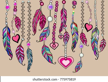 Seamless border of ornate feathers, beads and pink hearts. Boho set.