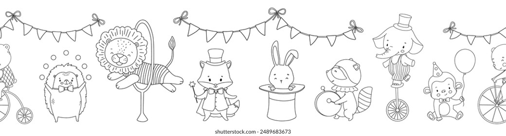 Seamless border with outline cute circus animals. Vintage characters for kids and nursery