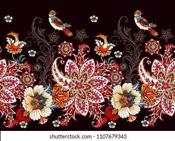 Seamless border with paisley and flowers