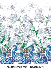 Seamless border with paisley and lilies 