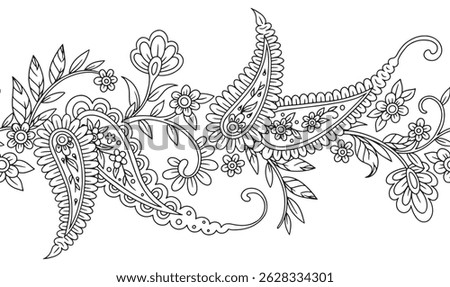 seamless border of paisley ornament. vector linea illustration. outline