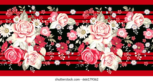 Seamless border with pale roses and red flowers on red background