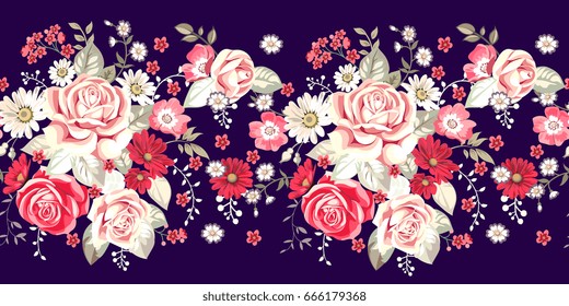 Borde transparente con rosas pálidas y flores rojas sobre fondo azul