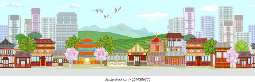 seamless border of panoramic asian cityscape with blooming trees. fields, mountains, flying crane birds in the cloudy sky