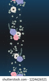 Seamless border with particles and floral elements in watercolor style. Camellias, anemone flowers and eucalyptus leaf. Design template for invitation, greeting card, print. Vector illustration