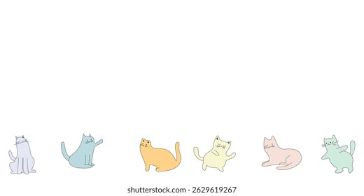 Seamless border of pastel cartoon cats in playful poses, minimal style, cute animal design, white background