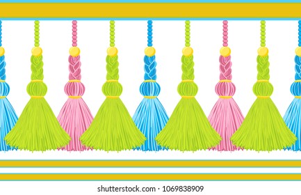 Seamless border pattern, abstract vector elements for design. Horizontal tassels from yarn or tread with beads and braid on cords, flat macrame style. Punchy pastel colors: blue, pink, green, gold