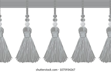 Seamless border pattern, abstract vector elements for design. Neutral horizontal border, divider, shades of gray colors. Tassels from yarn, tread and beads. Decorative tassels