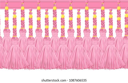 Seamless border pattern, abstract vector elements for design. Horizontal tassels from yarn or tread with beads and braid on cords, flat macrame style. Powdery pink colors with gold beads and ribbons
