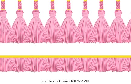 Seamless border pattern, abstract vector elements for design. Horizontal tassels from yarn or tread with beads and braid on cords, flat macrame style. Powdery pink colors with gold beads and ribbons