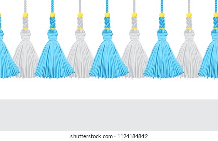 Seamless border pattern, abstract vector elements for design. Horizontal tassels from yarn or tread with beads and braid on cords, flat macrame style. Bright blue colors